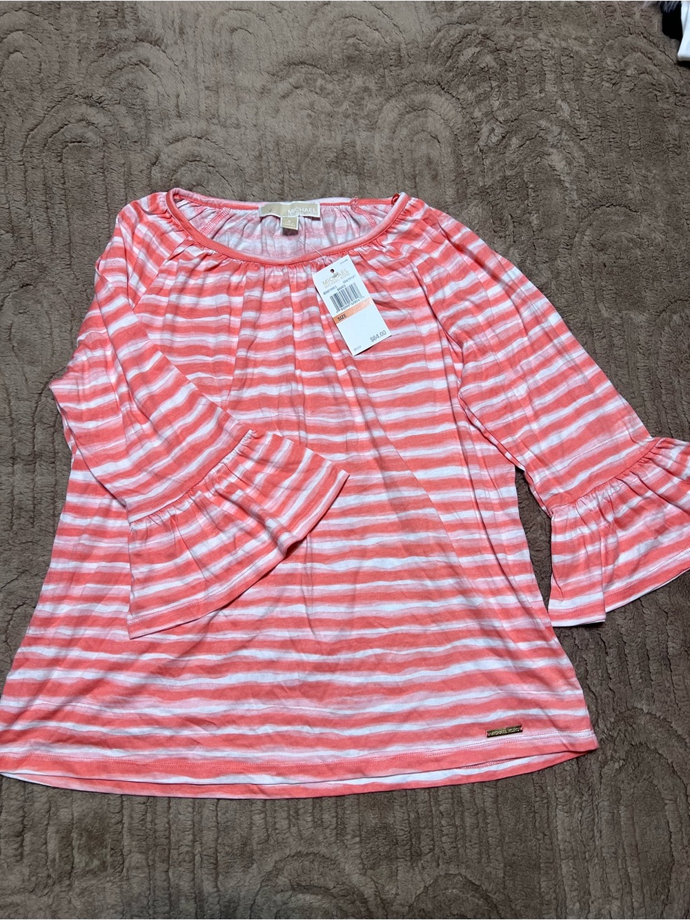 Michael Kors NWT Coral and White Striped Bell Sleeve Top